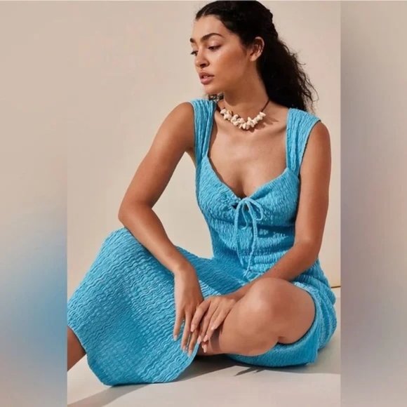 NEW Free People Beach Eleni Bodycon Maxi Cotton Blend Smocked Green Dress Sz L - Picture 14 of 14